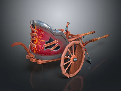 Vintage Chariot 3D Model with Wooden Spoked Wheels and Red and Silver Metal Decoration 3d model