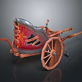 Vintage Chariot 3D Model with Wooden Spoked Wheels and Red and Silver Metal Decoration