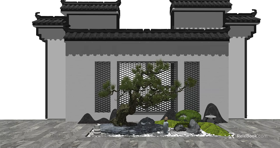 Karesansui Garden Design with Chinese Style Roof Latticed Window Pine Tree Stones Pebbles and Moss 3d model 