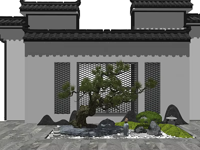 Karesansui Garden Design with Chinese Style Roof Latticed Window Pine Tree Stones Pebbles and Moss 3d model