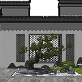 Karesansui Garden Design with Chinese Style Roof Latticed Window Pine Tree Stones Pebbles and Moss