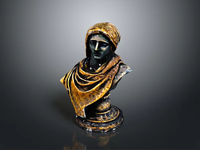 Classical Bust Sculpture With Head Headdress Draped Cloak And Ornate Base 3d model