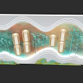 Exhibition Hall Cultural Wall With Wavy Lines Bamboo Patterns Square Lights And Landscape Elements 3d model