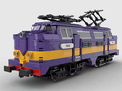 Purple and Yellow Building Blocks Electric Train with Roof Mounted Power Lines and Number 7155 3d model