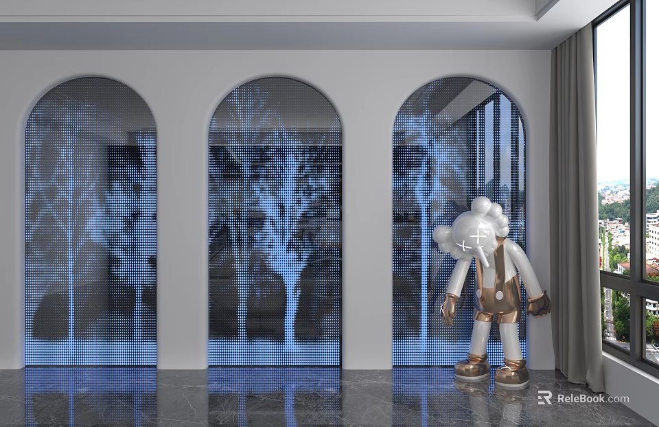 Modern Arched Background Wall With Three Blue Tree Patterns And White Doll In Brown Overalls 3d model 