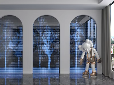 Modern Arched Background Wall With Three Blue Tree Patterns And White Doll In Brown Overalls 3d model
