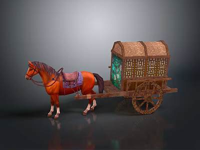 Traditional Horse Drawn Carriage With Brown Horse Purple Saddle And Carved Wooden Wheels 3d model