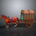 Traditional Horse Drawn Carriage With Brown Horse Purple Saddle And Carved Wooden Wheels