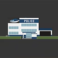 Blue And White Police Station Building With Helicopter On Roof Police Car And Parking Area