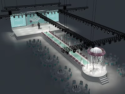 Elegant Event Venue Stage Setup With Hanging Lighting Round Tables Chairs And Central Decoration 3d model