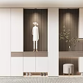 Modern Shoe Cabinet With Wooden Panels White Storage And Display Area With Plant And Stool