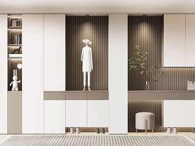 Modern Shoe Cabinet With Wooden Panels White Storage And Display Area With Plant And Stool 3d model