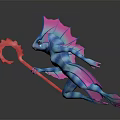 Fantasy Character Mythical Creature With Blue Pink Body Holding Red Staff In Dynamic Stance