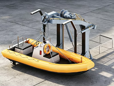 Industrial Equipment Featuring Yellow Inflatable Boat Lifting Mechanism And Metal Platform 3d model