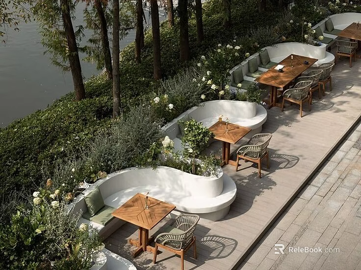 Outdoor Landscape Seats With River View Trees Greenery And Wooden Tables 3d model 