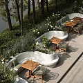 Outdoor Landscape Seats With River View Trees Greenery And Wooden Tables