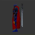 Standing Blue Armored Character With Red Cape And Gold Accent Details