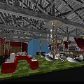 Clubhouse Interior Design With Red And White Sofas Green Flooring Wooden Ceiling And Pendant Lights