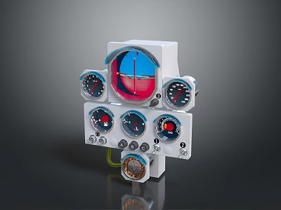 Multi Gauge Instrument Control Panel With White Casing Round Dials Knobs And Red Blue Indicators 3d model