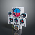 Multi Gauge Instrument Control Panel With White Casing Round Dials Knobs And Red Blue Indicators 3d model