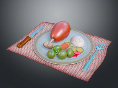 Chicken Leg on Plate with Mushrooms Green Fruits Sliced Vegetables Checkered Placemat Knife Fork 3d model
