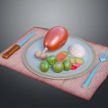 Chicken Leg on Plate with Mushrooms Green Fruits Sliced Vegetables Checkered Placemat Knife Fork