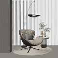 Comfortable Modern Accent Chair With Plaid Cushion Side Table Plants Floor Lamp And Blinds Background