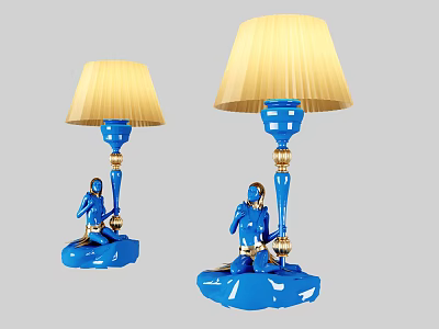 Blue Base Table Lamps Featuring Gold Accents Figurine And Cream Pleated Lampshades 3d model
