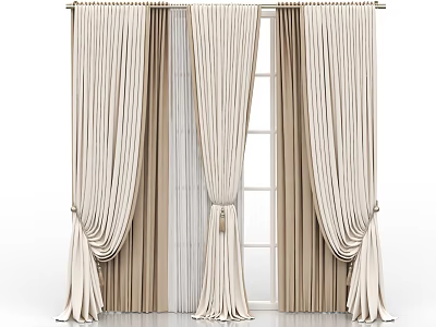 Elegant Cream Curtain With Draped Layers And Decorative Tiebacks Design 3d model
