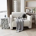 Cozy White Single Seater Sofa With Gray Pillow Plaid Blanket And Patterned Side Table 3d model