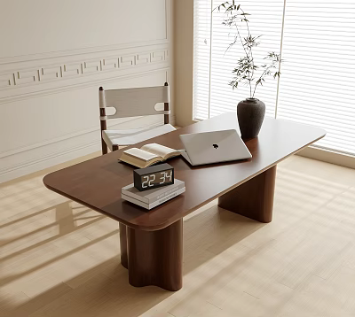 Elegant Wooden Desk Setup With Laptop Books Clock Plant And Window Blinds 3d model