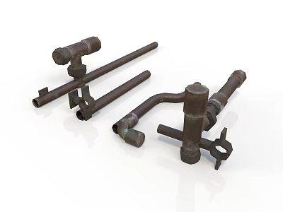 Vintage Rusty Metal Pipe Fittings With Valves And Handles On White Surface 3d model