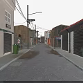 Urban Narrow Street With Buildings Roller Shutters Trash Bins Street Lamps Overhead Power Lines