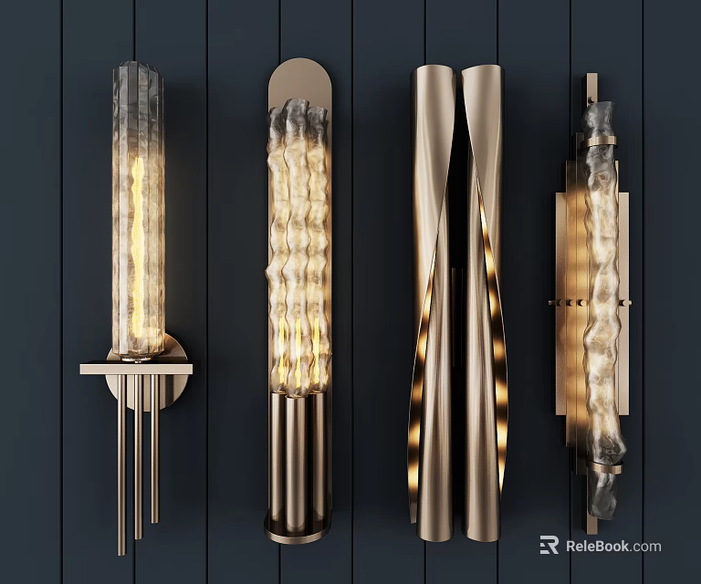 Contemporary Stylish Wall Lamps With Textured Glass And Warm Illumination On Dark Wall 3d model 