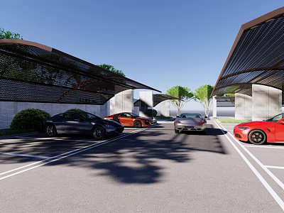 Modern Parking Lot Design With Covered Shelters Parked Cars Parking Lines And Green Trees 3d model