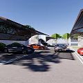 Modern Parking Lot Design With Covered Shelters Parked Cars Parking Lines And Green Trees