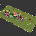 Colorful Children's Playground Structure With Slide Climbing Frames And Swings On Green Lawn