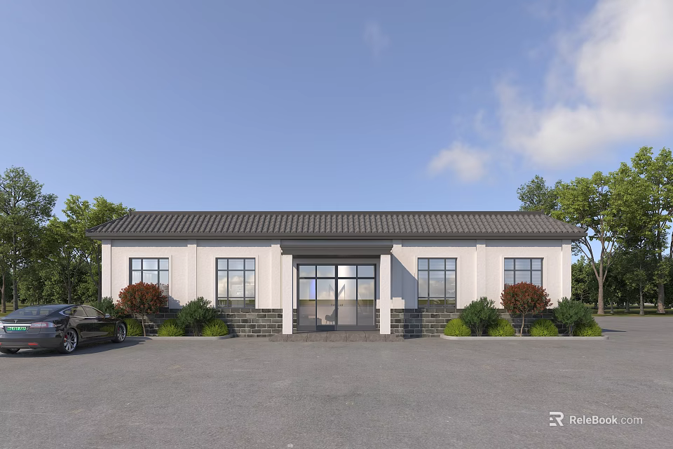 Single Story Office Building With White Exterior Tile Roof Glass Door And Tree Surroundings 3d model 