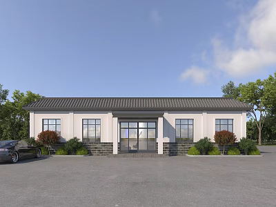 Single Story Office Building With White Exterior Tile Roof Glass Door And Tree Surroundings 3d model
