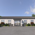 Single Story Office Building With White Exterior Tile Roof Glass Door And Tree Surroundings