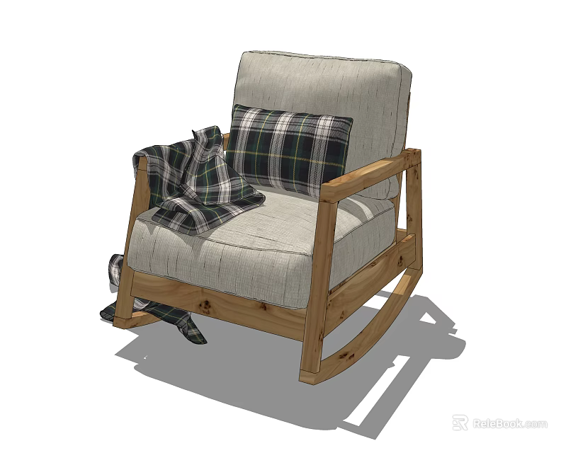 Comfortable Leisure Rocking Chair With Wooden Frame Light Fabric Plaid Cushion And Blanket 3d model 