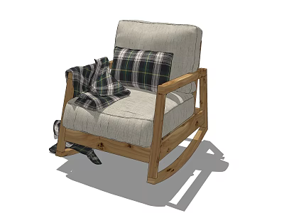 Comfortable Leisure Rocking Chair With Wooden Frame Light Fabric Plaid Cushion And Blanket 3d model