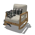Comfortable Leisure Rocking Chair With Wooden Frame Light Fabric Plaid Cushion And Blanket