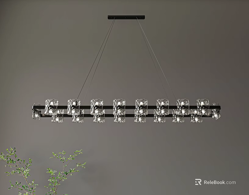 Modern Rectangular Chandelier With Transparent Glass Shades Hanging Over Gray Wall And Green Plant 3d model 