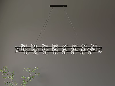 Modern Rectangular Chandelier With Transparent Glass Shades Hanging Over Gray Wall And Green Plant 3d model