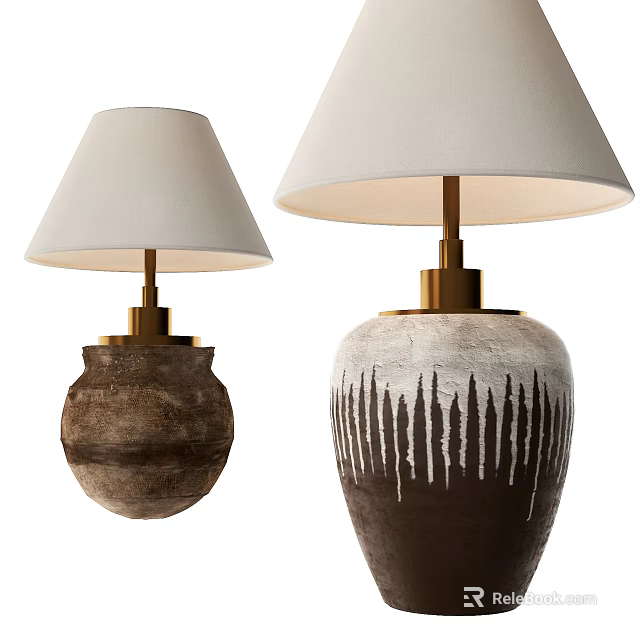 Table Lamps Featuring Clay Bases Brass Poles And Beige Shades With Decorative Stripes 3d model 
