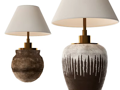 Table Lamps Featuring Clay Bases Brass Poles And Beige Shades With Decorative Stripes 3d model