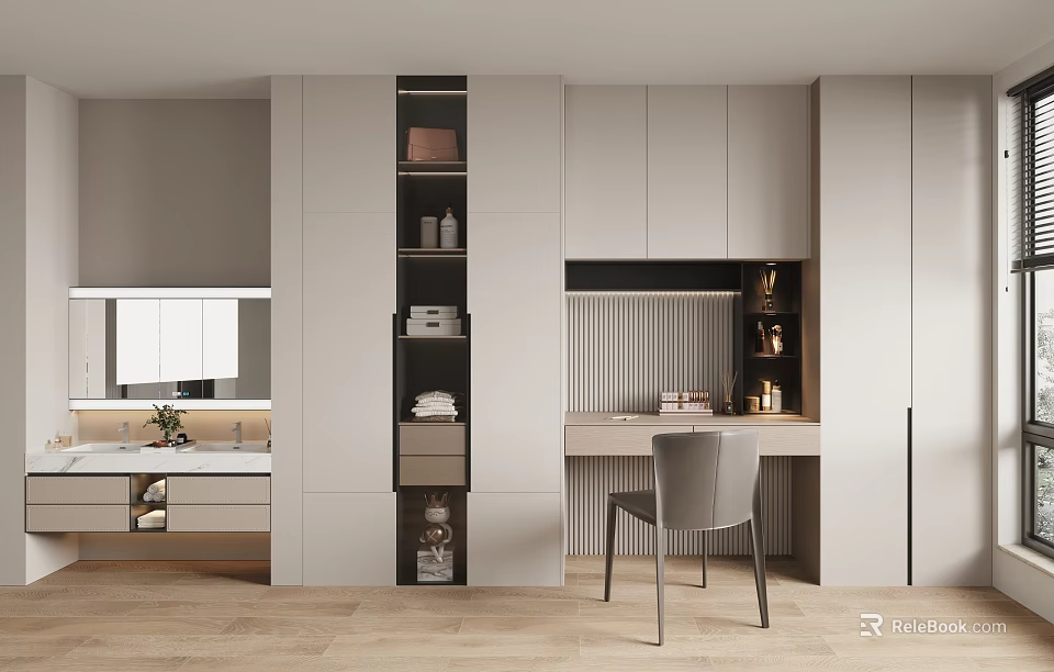 Modern Dressing Table Interior Design With White Cabinet Storage Mirror And Chair 3d model