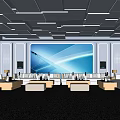 Modern KTV Room Interior With Blue Geometric Ceiling Lighting Large Screen Sofas And Tables