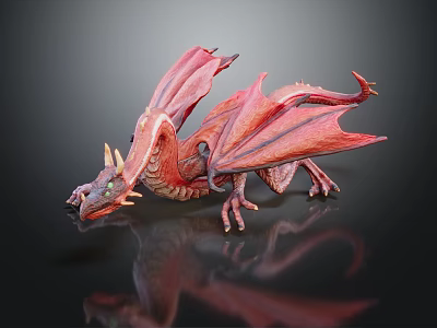 Detailed Red Dragon Model With Spread Wings On Black Reflective Surface 3d model